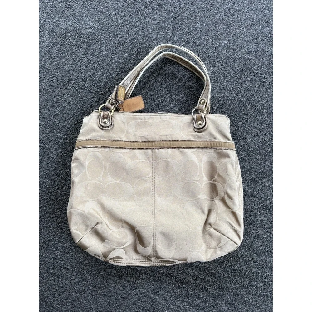 Y2K Coach‎ Signature Op Art Large Tote Bag Tan Khaki Leather Trim Green Lining